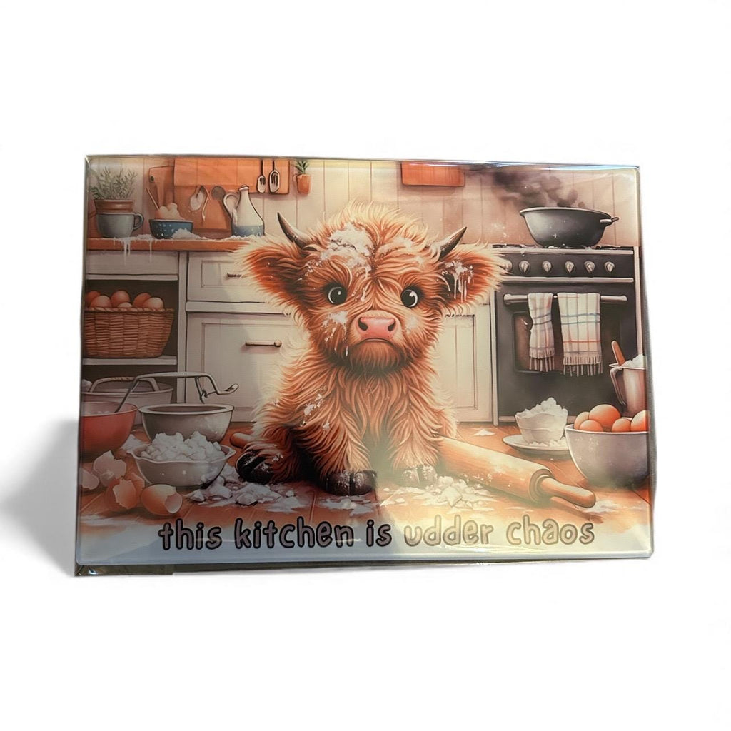 "Udder Chaos" Highland Cow Glass Worktop Saver - Funny Kitchen Gift