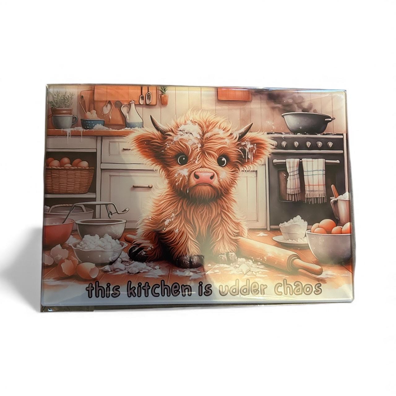 "Udder Chaos" Highland Cow Glass Worktop Saver - Funny Kitchen Gift