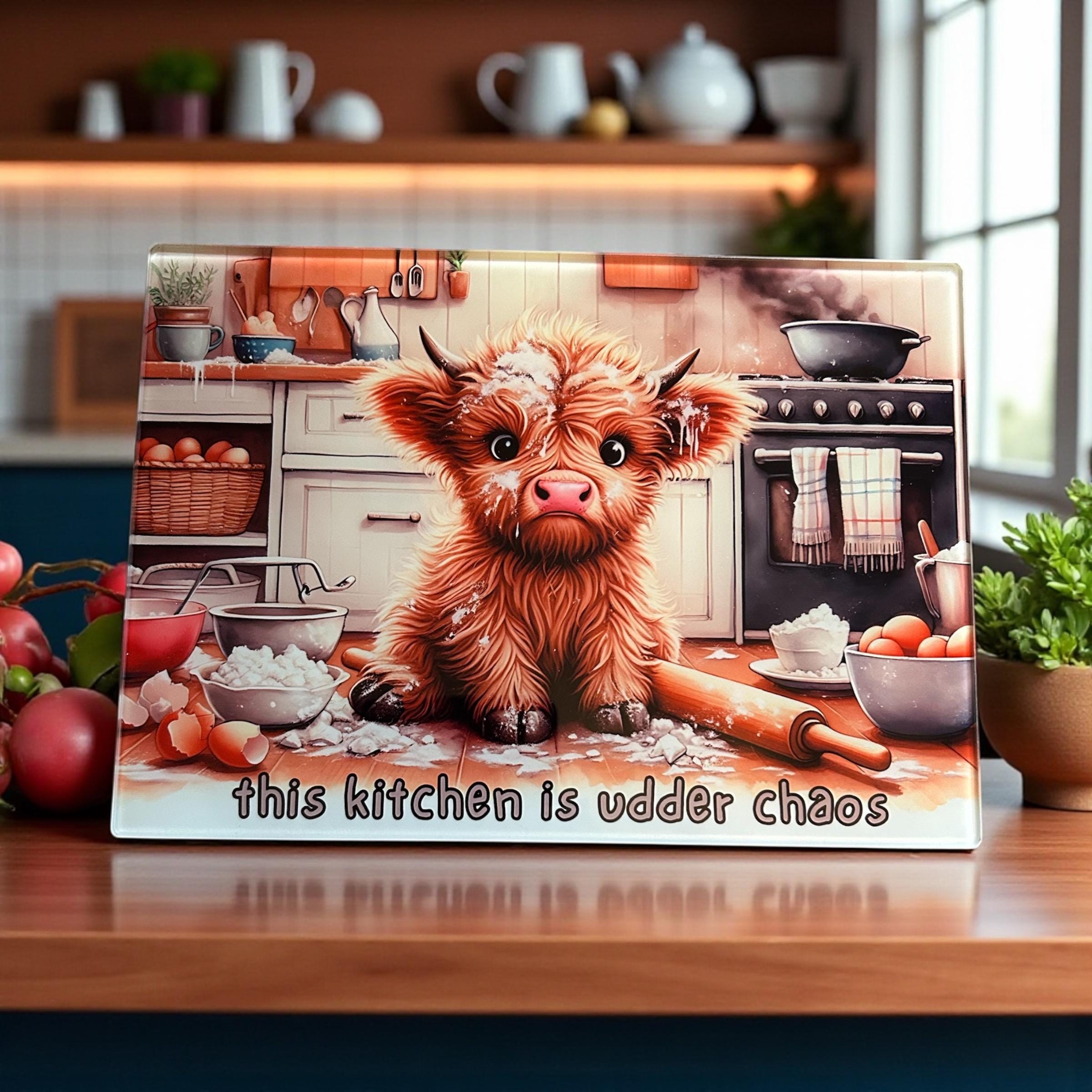 "Udder Chaos" Highland Cow Glass Worktop Saver - Funny Kitchen Gift