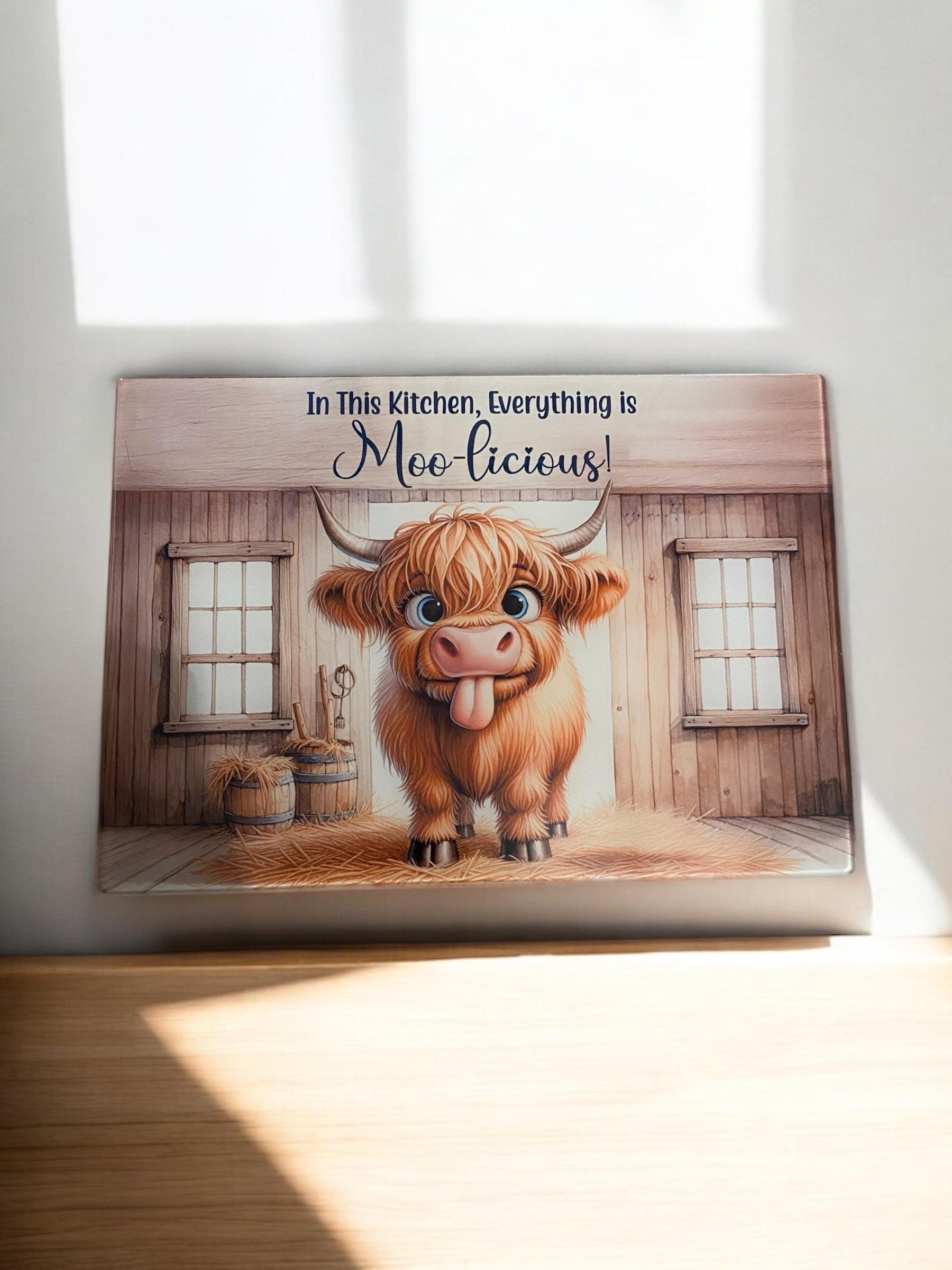 "Everything is Moolicious" Highland Cow Glass Worktop Saver