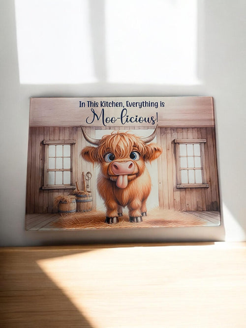"Everything is Moolicious" Highland Cow Glass Worktop Saver